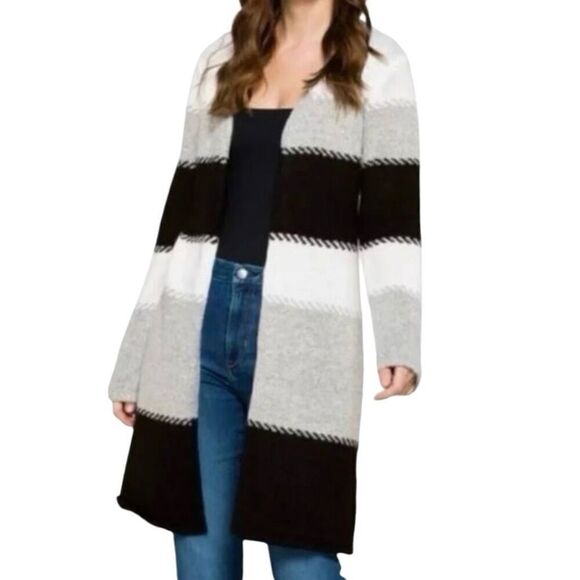 Fortune+Ivy Gray White and Black Striped Open Front Cardigan - Picture 1 of 7